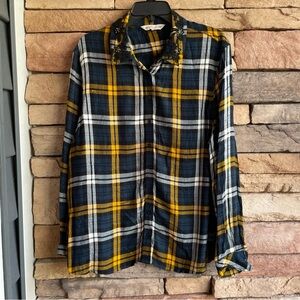 Casual Collection by F&F navy blue yellow plaid button shirt Women 14